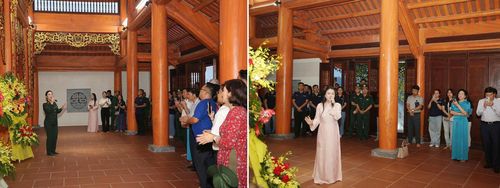  Sim Nông (mặc quân phục) và Trang Dung - hai nữ ca sĩ nhiều lần đến với đền Cà Roòng để hát cho người nằm lại giữa Trường Sơn. Ảnh: Đoàn Quý 