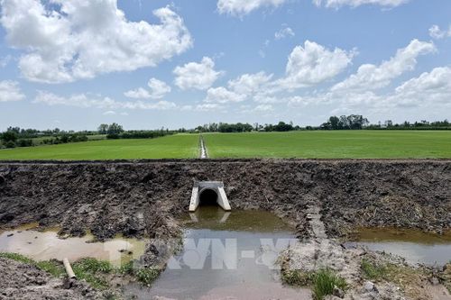 Hạng mục cống thoát nước trên đường gom thuộc Dự án cao tốc Châu Đốc - Cần Thơ - Sóc Trăng (đoạn qua phường Vĩnh Tế, tỉnh An Giang) đã được thi công hoàn thiện, góp phần bảo đảm tiêu thoát nước khu vực. Ảnh: Thanh Sang - TTXVN
