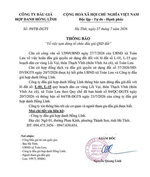 Tạm dừng đấu giá quyền sử dụng đối với lô L-01 có diện tích hơn 288m2, giá khởi điểm hơn 5,3 tỷ đồng và lô L-15 rộng 234,8m2, giá khởi điểm hơn 4,3 tỷ đồng.