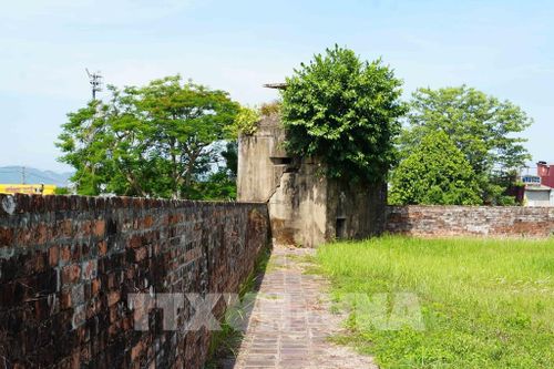 Lô cốt ở góc Tây Nam trên Thượng Thành thuộc Kinh thành Huế, có vết nứt lớn và cây mọc che một phần. Ảnh: Nguyên Lý - TTXVN