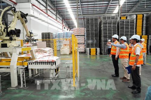 Lãnh đạo tỉnh Vĩnh Long tham quan khu vực sản xuất tại Công ty TNHH Sinh vật Thăng Long trong Khu công nghiệp Hòa Phú, tỉnh Vĩnh Long. Ảnh: Phạm Minh Tuấn - TTXVN