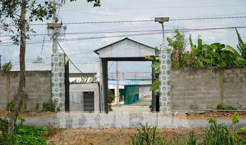 Cổng vào Trại nuôi vịt TT ở ấp 3T, xã Bình Hàng Trung (Đồng Tháp). Ảnh: Nhựt An - TTXVN