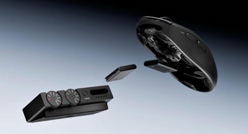 Chuột M-001 đi kèm hệ thống hai viên pin có thể thay thế và trạm sạc riêng.