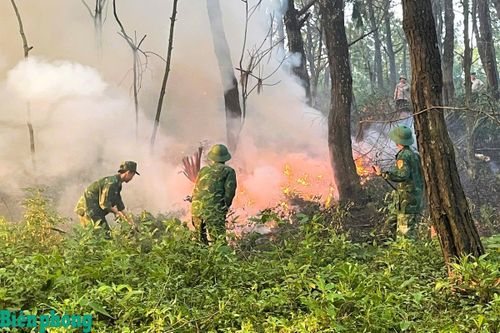 Cán bộ, chiến sĩ Đồn Biên phòng cửa khẩu cảng Cửa Lò-Bến Thủy, Bộ đội Biên phòng tỉnh Nghệ An và các lực lượng tiếp cận, dập tắt đám cháy tại khu vực bãi rác thuộc xóm La Nham, xã Hải Lộc. Ảnh: Lê Thạch