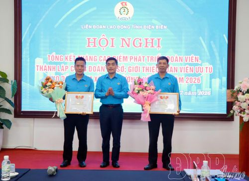 Chủ tịch Liên đoàn Lao động tỉnh Tẩn Minh Long trao Bằng khen cho các tập thể có thành tích xuất sắc trong thực hiện tháng cao điểm.
