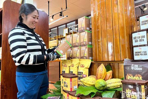 Du khách chọn mua các sản phẩm OCOP được chế biến từ ca cao tại điểm dừng chân Thế Giới Ca Cao của Công ty TNHH Ca cao Trọng Đức (xã Phú Hòa).
