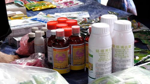 Các loại thuốc bảo vệ thực vật không rõ nguồn gốc được bày bán công khai ở phiên chợ.