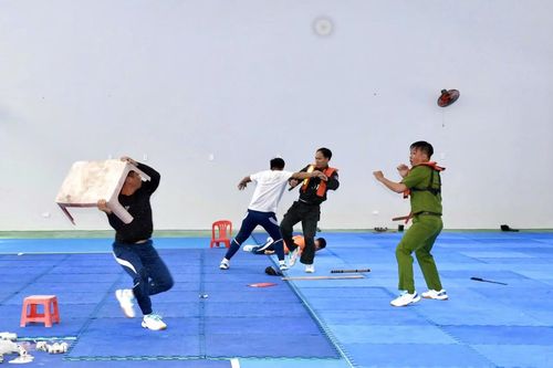 Các vận động viên Đội tuyển Công an tỉnh Vĩnh Long tập luyện tình huống ứng dụng võ thuật CAND