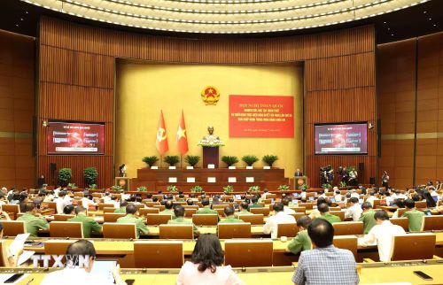 Quang cảnh hội nghị tại điểm cầu trung tâm - Hội trường Diên Hồng, Nhà Quốc hội (Hà Nội). Ảnh: TTXVN