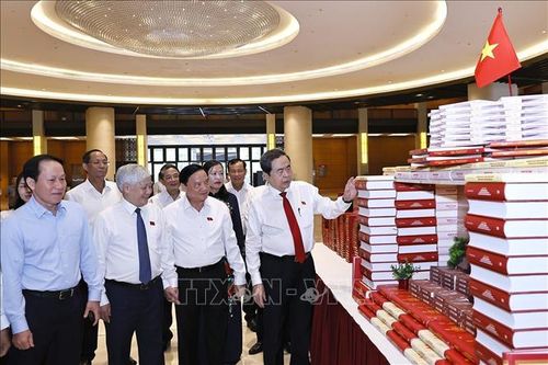 Chủ tịch Quốc hội Trần Thanh Mẫn và đại biểu xem trưng bày về hoạt động giám sát tại Diễn đàn. Ảnh: Doãn Tấn/TTXVN