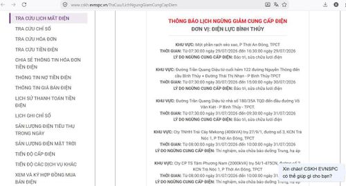 Lịch ngừng cấp điện tại Cần Thơ ngày mai 31/7 được cập tại website của EVNSPC cập nhật lúc 10h33 ngày 30/7. Ảnh: BNEWS phát