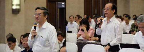 GS.TS Nguyễn Vũ Quốc Huy, Quyền Giám đốc Đại học Huế (ảnh trái) và PGS.TS Nguyễn Ngọc Vũ, Giám đốc Đại học Đà Nẵng phát biểu tại Hội nghị.