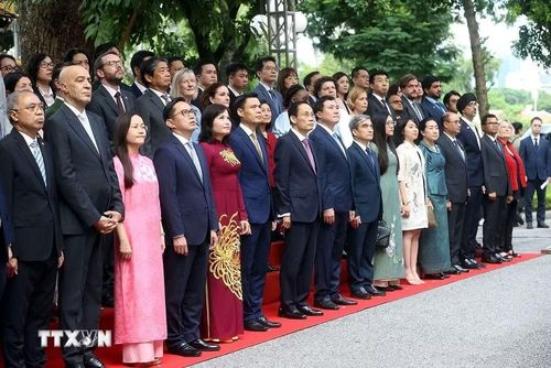 Bộ trưởng Ngoại giao Lê Hoài Trung cùng các đại biểu tại Lễ Thượng cờ ASEAN. (Ảnh: TTXVN phát)