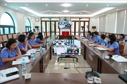 Kiểm sát viên các Viện kiểm sát khu vực - thành phố Hà Nội theo dõi trực tuyến phiên xử.