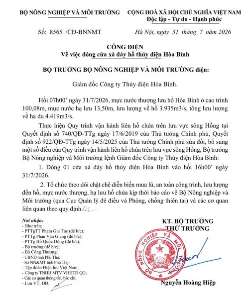 Công điện số 8565/CĐ-BTNMT của Bộ Nông nghiệp và Môi trường.