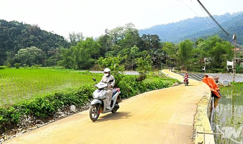 Đường vào thôn Thiêng Điểm được bê tông hóa, tạo thuận lợi cho việc đi lại, thông thương hàng hóa của bà con.