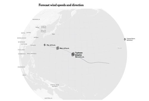 Dự báo đường đi của siêu bão Dolphin. Ảnh: New York Times.