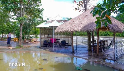 Nhiều hạng mục tại các quán ăn ven tuyến thoát lũ bị nước ngập khi hồ Dầu Tiếng vận hành xả lũ trong mùa mưa. (Ảnh: Minh Phú/TTXVN)