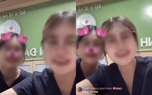 Hình ảnh hai sinh viên thực tập có lời nói thiếu chuẩn mực khi quay clip tại Bệnh viện Đa khoa Đức Giang.