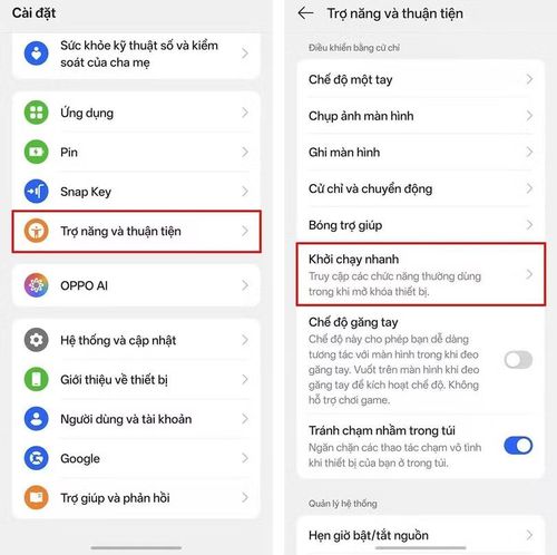 Mở Cài đặt, vào Trợ năng và thuận tiện rồi chọn Khởi chạy nhanh.
