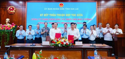  Lãnh đạo Công ty TNHH một thành viên Petrolimex Gia Lai và Công ty TNHH Xăng dầu và Thủy sản Bảy Cường ký kết thỏa thuận điều chỉnh sản lượng cung ứng xăng dầu. Ảnh: Hải Yến 