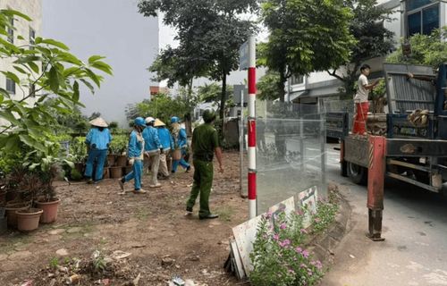 Thu dọn cây cảnh bày trên lối đi chung tại xã Gia Lâm. Ảnh: PV