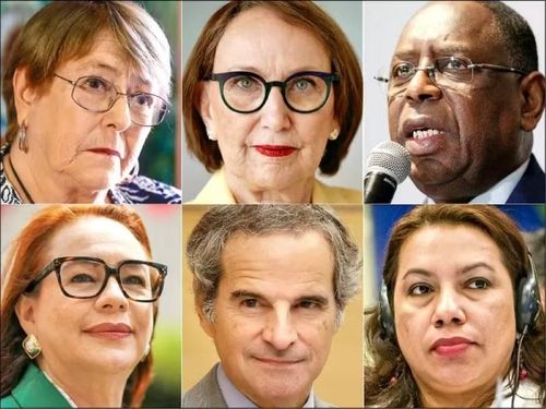 6 ứng cử viên ứng cử sớm gồm (trái sang phải, trên xuống dưới): Cựu Tổng thống Chile Michelle Bachelet, cựu Phó Tổng thống Costa Rica Rebeca Grynspan, cựu Tổng thống Senegal Macky Sall, cựu Ngoại trưởng Ecuador María Espinosa, Tổng Giám đốc Cơ quan Năng lượng Nguyên tử Quốc tế (IAEA) Rafael Grossi, cựu Ngoại trưởng Guyana Carolyn Rodrigues-Birkett. Ảnh: Creaders.