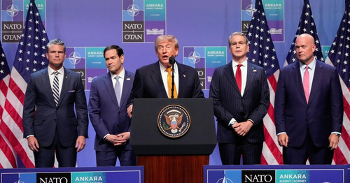 Tổng thống Mỹ Donald Trump phát biểu tại Hội nghị thượng đỉnh NATO ở Ankara (Thổ Nhĩ Kỳ), ngày 8-7. Trong ảnh: Đại sứ Mỹ tại NATO Matthew Whitaker đứng ngoài cùng bên phải. Ảnh: AP