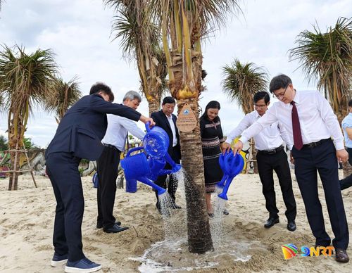 Các đại biểu thực hiện nghi thức trồng dừa tại bãi biển du lịch Đà Nẵng. Ảnh: NGỌC HÀ
