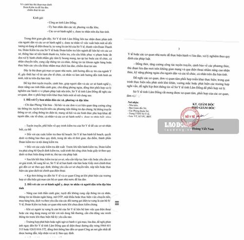 Văn bản cảnh báo thủ đoạn mạo danh đoàn kiểm tra của Sở Y tế Lâm Đồng để lừa đảo, chiếm đoạt tài sản. Ảnh: Phúc Khánh