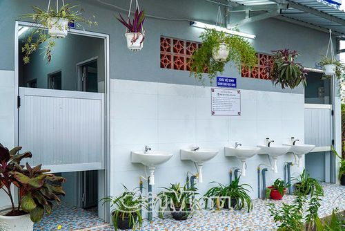 Không gian nhà vệ sinh được bố trí cây xanh, thông thoáng, tạo môi trường học đường thân thiện, an toàn cho học sinh.