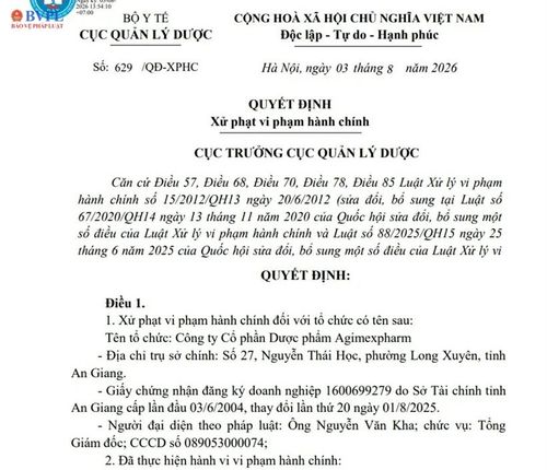 Quyết định xử phạt vi phạm hành chính đối với Công ty Cổ phần Dược phẩm Agimexpharm. (Ảnh:MP)