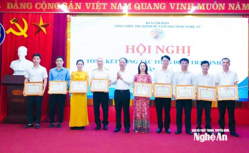 Đồng chí Bùi Thanh An - Ủy viên Ban Thường vụ Tỉnh ủy, Phó Chủ tịch Thường trực UBND tỉnh, Trưởng ban Chỉ đạo Tổng điều tra tỉnh trao tặng Bằng khen của Bộ Tài chính cho các tập thể, cá nhân. Ảnh: Mai Hoa