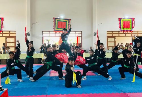 Phần biểu diễn của CLB Võ đường Kim Huệ tại chùa Long Phước (xã Tuy Phước). Ảnh: P.L