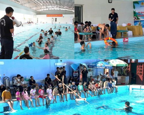 Cảnh sát PCCC và CNCH truyền dạy kỹ năng bơi lội an toàn cho học sinh.