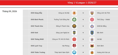  Lịch thi đấu vòng 1 V-League 2026-2027. 