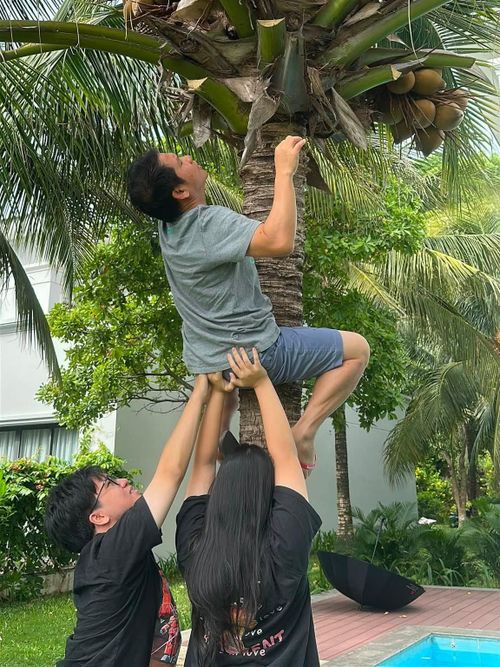 Sao Việt 6/8: Ca sĩ Trọng Tấn đưa vợ con đi du lịch nghỉ dưỡng. Anh hài hước kể bị các con khiêng lên cây hái dừa.