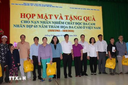 Trao quà cho các nạn nhân chất độc da cam tại xã Giồng Trôm, tỉnh Vĩnh Long. (Ảnh: Lê Thúy Hằng/TTXVN)