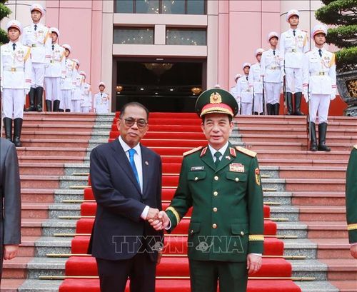 Bộ trưởng Quốc phòng Malaysia Ngài Dato Seri Mohamed Khaled Bin Nodrin và Phó Thủ tướng, Bộ trưởng Quốc phòng Phan Văn Giang trước khi hội đàm. Ảnh: Trọng Đức/TTXVN