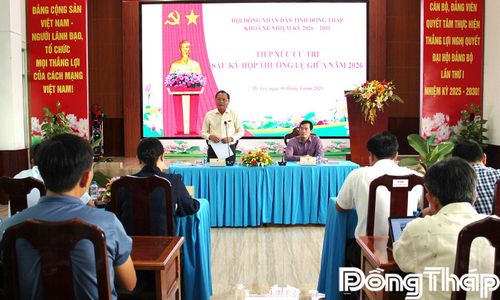 Đại biểu Nguyễn Hùng Tráng phát biểu tại buổi tiếp xúc cử tri phường Mỹ Trà.