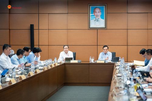 Chủ tịch Quốc hội Trần Thanh Mẫn và Bí thư Thành ủy, Trưởng Đoàn ĐBQH TP. Hồ Chí Minh Trần Lưu Quang tại phiên thảo luận Tổ 2, sáng 6/8. Ảnh: Phạm Thắng