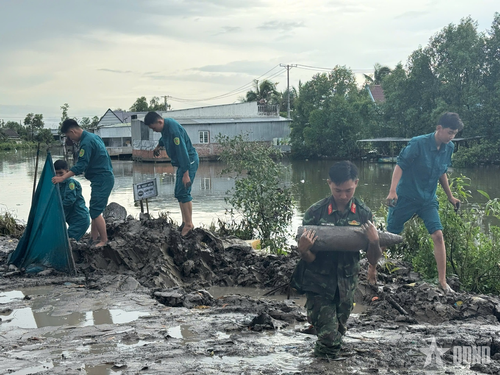  Ban CHQS xã Hưng Mỹ, tỉnh Cà Mau phối hợp với Ban Công Binh và chính quyền ấp Hoàng Lân tổ chức thu gom, xử lý an toàn 1 đầu đạn pháo 155mm còn sót lại sau chiến tranh. 
