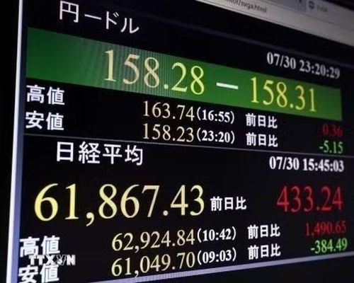 Tỷ giá giữa đồng USD và đồng yen được niêm yết tại Tokyo (Nhật Bản) ngày 30/7/2026. (Ảnh: Kyodo/TTXVN phát)