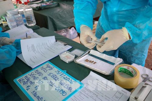 Nhân viên y tế đóng gói, niêm phong các mẫu hài cốt vào hộp bảo quản theo đúng quy trình chuyên môn. Ảnh: Giang Phương – TTXVN