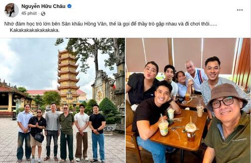 NSƯT Hữu Châu đăng tải hình ảnh gặp gỡ với học trò cũ bên sân khấu Hồng Vân. Ảnh: FBNV
