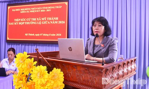 Đại biểu Phạm Thị Mai Tiên phát biểu tại buổi tiếp xúc cử tri xã Mỹ Thành.