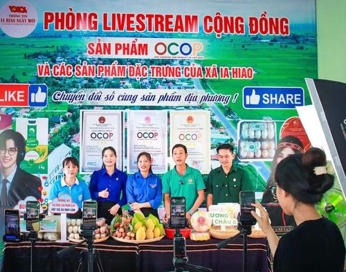 Các hội, đoàn thể xã Ia Hiao livestream quảng bá, tiêu thụ sản phẩm OCOP của địa phương. Ảnh: UBND xã Ia Hiao