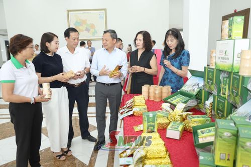 Đồng chí Chủ tịch UBND tỉnh thăm gian hàng trưng bày sản phẩm của HTX sản xuất, kinh doanh và dịch vụ tổng hợp Bình Thuận.