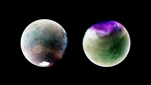  Tàu MAVEN của NASA chụp lại bức ảnh Hỏa tinh với ánh sáng cực tím. Ảnh: NASA. 