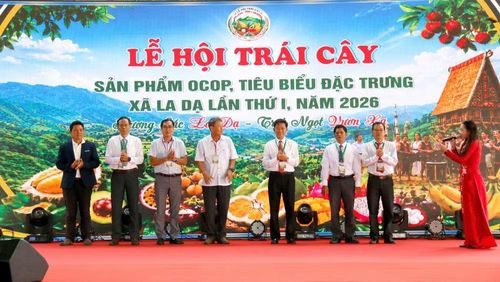 Khai mạc lễ hội trái cây lần thứ I với chủ đề “Hương sắc La Dạ-Trái ngọt vươn xa”. (Ảnh: QUÝ NGỌC)